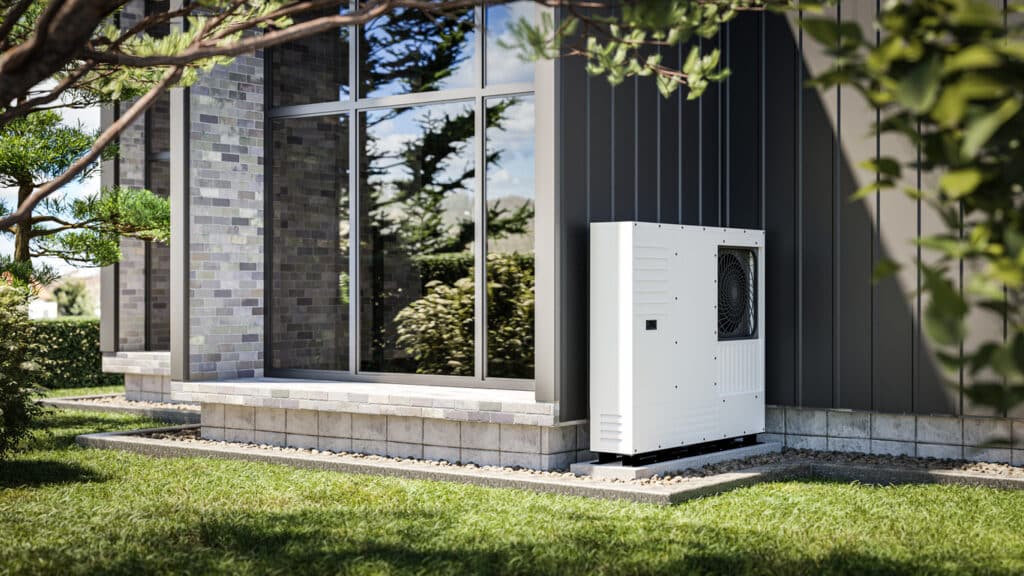 Heat pump installed at the wall of a single-family house 3d render showing renewable energy sources.