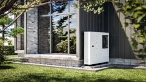 Heat pump installed at the wall of a single-family house 3d render showing renewable energy sources.